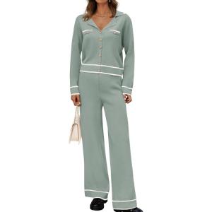 imageZESICA Womens Fall Knit Two Piece Outfits Casual Long Sleeve V Neck Sweater Shirts and Wide Leg Pants Matching Lounge SetsGreen