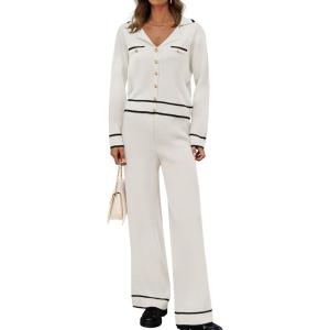 imageZESICA Womens Fall Knit Two Piece Outfits Casual Long Sleeve V Neck Sweater Shirts and Wide Leg Pants Matching Lounge SetsIvory