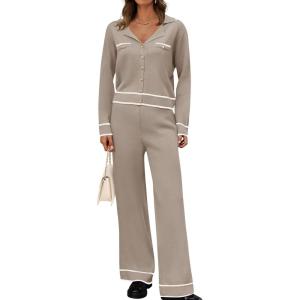 imageZESICA Womens Fall Knit Two Piece Outfits Casual Long Sleeve V Neck Sweater Shirts and Wide Leg Pants Matching Lounge SetsOatmeal
