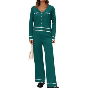 imageZESICA Womens Fall Knit Two Piece Outfits Casual Long Sleeve V Neck Sweater Shirts and Wide Leg Pants Matching Lounge SetsTeal