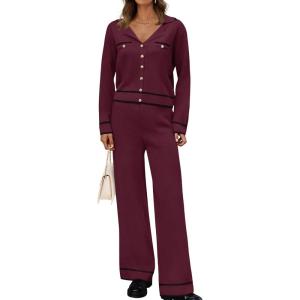 imageZESICA Womens Fall Knit Two Piece Outfits Casual Long Sleeve V Neck Sweater Shirts and Wide Leg Pants Matching Lounge SetsWine