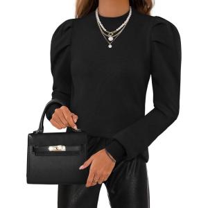 imageZESICA Womens Fall Long Puff Sleeve Sweaters 2024 Casual Turtleneck Loose Ribbed Knit Solid Color Soft Pullover Jumper TopsBlack