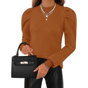 imageZESICA Womens Fall Long Puff Sleeve Sweaters 2024 Casual Turtleneck Loose Ribbed Knit Solid Color Soft Pullover Jumper TopsBrown