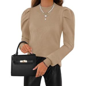 imageZESICA Womens Fall Long Puff Sleeve Sweaters 2024 Casual Turtleneck Loose Ribbed Knit Solid Color Soft Pullover Jumper TopsKhaki