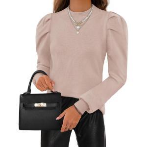 imageZESICA Womens Fall Long Puff Sleeve Sweaters 2024 Casual Turtleneck Loose Ribbed Knit Solid Color Soft Pullover Jumper TopsSand
