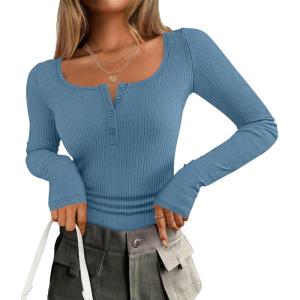 imageZESICA Womens Long Sleeve Button Ribbed Shirts 2024 Fall Scoop Neck Casual Henly TopsDusty Blue