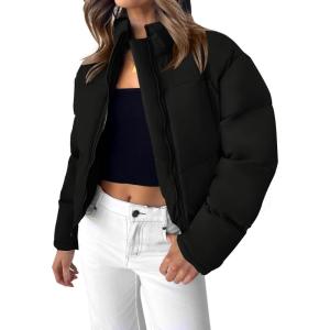 imageZESICA Womens Long Sleeve Cropped Puffer Jacket Winter Zipper Quilted Baggy Warm Short Down Coat Outwear with PocketsDim