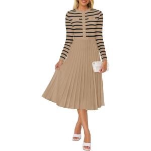 imageZESICA Womens Long Sleeve Striped Midi Dresses Crewneck Button Ribbed Knit Pleated A Line Swing Sweater DressKhaki