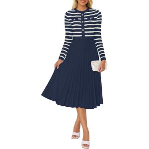 imageZESICA Womens Long Sleeve Striped Midi Dresses Crewneck Button Ribbed Knit Pleated A Line Swing Sweater DressNavy