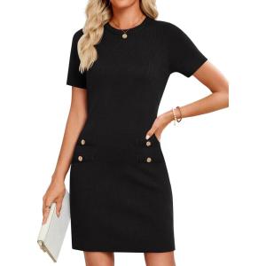 imageZESICA Womens Summer Bodycon Mini Dress 2025 Short Sleeve Crewneck Ribbed Knit Slim Fit Casual Sweater DressesBlack