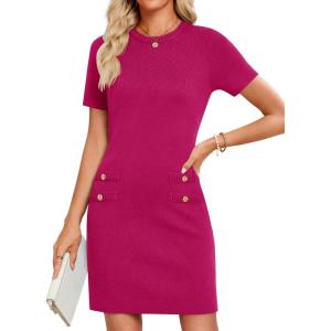 imageZESICA Womens Summer Bodycon Mini Dress 2025 Short Sleeve Crewneck Ribbed Knit Slim Fit Casual Sweater DressesRose