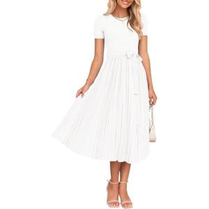 imageZESICA Womens Summer Short Sleeve Midi Dresses Spring Casual Crew Neck Knit Belted Pleated A Line Flowy Wedding Guest DressWhite