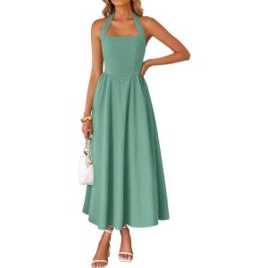 imageZESICA Womens Summer Sleeveless Halter Midi Dress 2025 Off Shoulder High Waist Swing Flowy Beach Long DressesSage