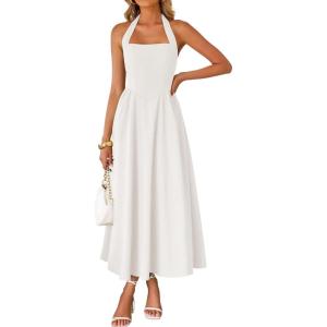 imageZESICA Womens Summer Sleeveless Halter Midi Dress 2025 Off Shoulder High Waist Swing Flowy Beach Long DressesWhite