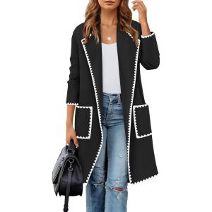 imageZESICA Womens Open Front Long Cardigan Sweater Casual Lapel Coatigan Coat Fall Jacket Outerwear with PocketsBlack