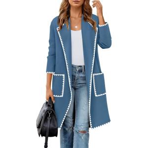 imageZESICA Womens Open Front Long Cardigan Sweater Casual Lapel Coatigan Coat Fall Jacket Outerwear with PocketsDusty Blue