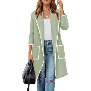 imageZESICA Womens Open Front Long Cardigan Sweater Casual Lapel Coatigan Coat Fall Jacket Outerwear with PocketsGreen