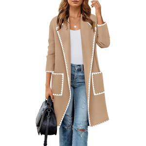 imageZESICA Womens Open Front Long Cardigan Sweater Casual Lapel Coatigan Coat Fall Jacket Outerwear with PocketsKhaki