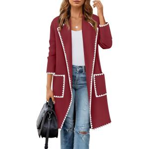imageZESICA Womens Open Front Long Cardigan Sweater Casual Lapel Coatigan Coat Fall Jacket Outerwear with PocketsWine Red