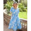 imageZESICA Womens 2025 Summer Floral V Neck Midi Dress Boho Short Sleeve High Waist Flowy Beach Vacation Dresses with BeltBlue