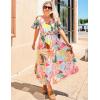 imageZESICA Womens 2025 Summer Floral V Neck Midi Dress Boho Short Sleeve High Waist Flowy Beach Vacation Dresses with BeltBlue Pink