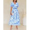 imageZESICA Womens 2025 Summer Floral V Neck Midi Dress Boho Short Sleeve High Waist Flowy Beach Vacation Dresses with BeltLightblue