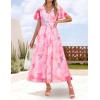 imageZESICA Womens 2025 Summer Floral V Neck Midi Dress Boho Short Sleeve High Waist Flowy Beach Vacation Dresses with BeltPink