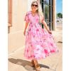imageZESICA Womens 2025 Summer Floral V Neck Midi Dress Boho Short Sleeve High Waist Flowy Beach Vacation Dresses with BeltPink