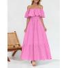 imageZESICA Womens 2025 Summer Off Shoulder Ruffle Midi Dress Short Sleeve High Waist Hollow Out Embroidery Party DressesPink