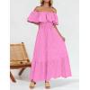 imageZESICA Womens 2025 Summer Off Shoulder Ruffle Midi Dress Short Sleeve High Waist Hollow Out Embroidery Party DressesPink