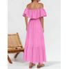 imageZESICA Womens 2025 Summer Off Shoulder Ruffle Midi Dress Short Sleeve High Waist Hollow Out Embroidery Party DressesPink