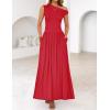 imageZESICA Womens Summer 2025 Sleeveless Maxi Dress One Shoulder Casual Slim Swing Pleated Formal Dresses with PocketsRed