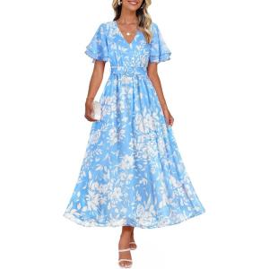 imageZESICA Womens 2025 Summer Floral V Neck Midi Dress Boho Short Sleeve High Waist Flowy Beach Vacation Dresses with BeltBlue