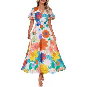 imageZESICA Womens 2025 Summer Floral V Neck Midi Dress Boho Short Sleeve High Waist Flowy Beach Vacation Dresses with BeltOrangeyellow
