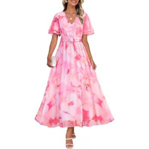 imageZESICA Womens 2025 Summer Floral V Neck Midi Dress Boho Short Sleeve High Waist Flowy Beach Vacation Dresses with BeltPink