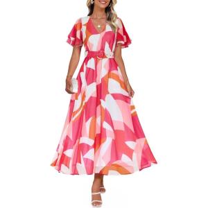 imageZESICA Womens 2025 Summer Floral V Neck Midi Dress Boho Short Sleeve High Waist Flowy Beach Vacation Dresses with BeltRose