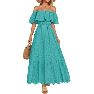 imageZESICA Womens 2025 Summer Off Shoulder Ruffle Midi Dress Short Sleeve High Waist Hollow Out Embroidery Party DressesAqua