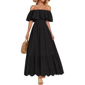 imageZESICA Womens 2025 Summer Off Shoulder Ruffle Midi Dress Short Sleeve High Waist Hollow Out Embroidery Party DressesBlack