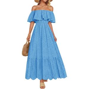 imageZESICA Womens 2025 Summer Off Shoulder Ruffle Midi Dress Short Sleeve High Waist Hollow Out Embroidery Party DressesBlue