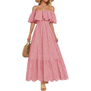 imageZESICA Womens 2025 Summer Off Shoulder Ruffle Midi Dress Short Sleeve High Waist Hollow Out Embroidery Party DressesLight Pink