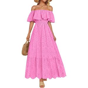 imageZESICA Womens 2025 Summer Off Shoulder Ruffle Midi Dress Short Sleeve High Waist Hollow Out Embroidery Party DressesPink