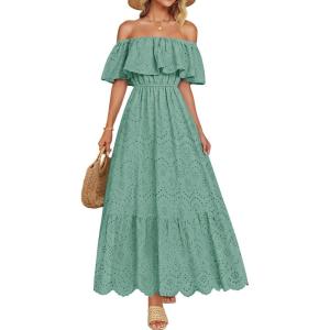 imageZESICA Womens 2025 Summer Off Shoulder Ruffle Midi Dress Short Sleeve High Waist Hollow Out Embroidery Party DressesSage
