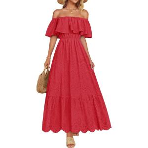imageZESICA Womens 2025 Summer Off Shoulder Ruffle Midi Dress Short Sleeve High Waist Hollow Out Embroidery Party DressesWatermelon