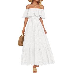 imageZESICA Womens 2025 Summer Off Shoulder Ruffle Midi Dress Short Sleeve High Waist Hollow Out Embroidery Party DressesWhite