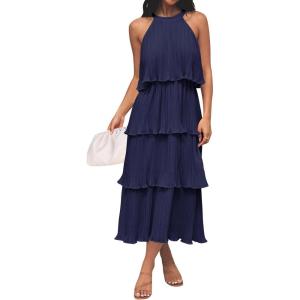 imageZESICA Womens 2025 Summer Sleeveless Halter Neck Ruffle Tiered Layed Chiffon Flowy Swing Long Midi DressNavy