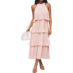 imageZESICA Womens 2025 Summer Sleeveless Halter Neck Ruffle Tiered Layed Chiffon Flowy Swing Long Midi DressPink