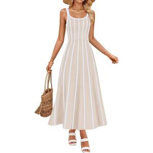 imageZESICA Womens 2025 Summer Sleeveless Striped Midi Dresses Casual A Line Swing Knit Long Dress Beach Vacation ClothesApricot