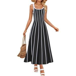 imageZESICA Womens 2025 Summer Sleeveless Striped Midi Dresses Casual A Line Swing Knit Long Dress Beach Vacation ClothesBlack