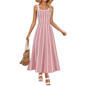 imageZESICA Womens 2025 Summer Sleeveless Striped Midi Dresses Casual A Line Swing Knit Long Dress Beach Vacation ClothesDusty Pink