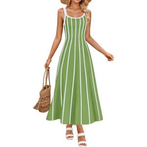 imageZESICA Womens 2025 Summer Sleeveless Striped Midi Dresses Casual A Line Swing Knit Long Dress Beach Vacation ClothesLight Green